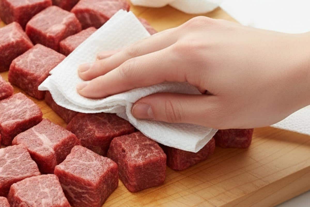 Patting the beef dry with paper towel.