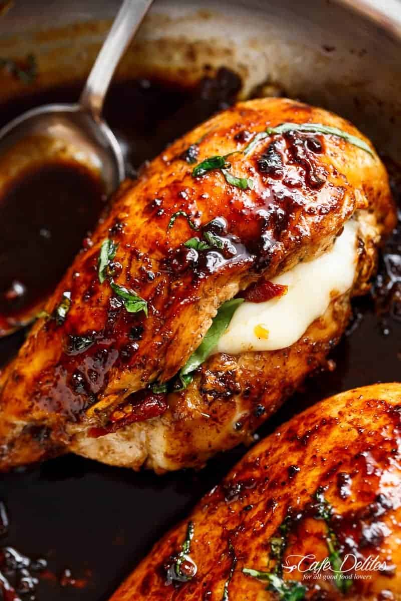 Single piece of Caprese Stuffed Balsamic Chicken