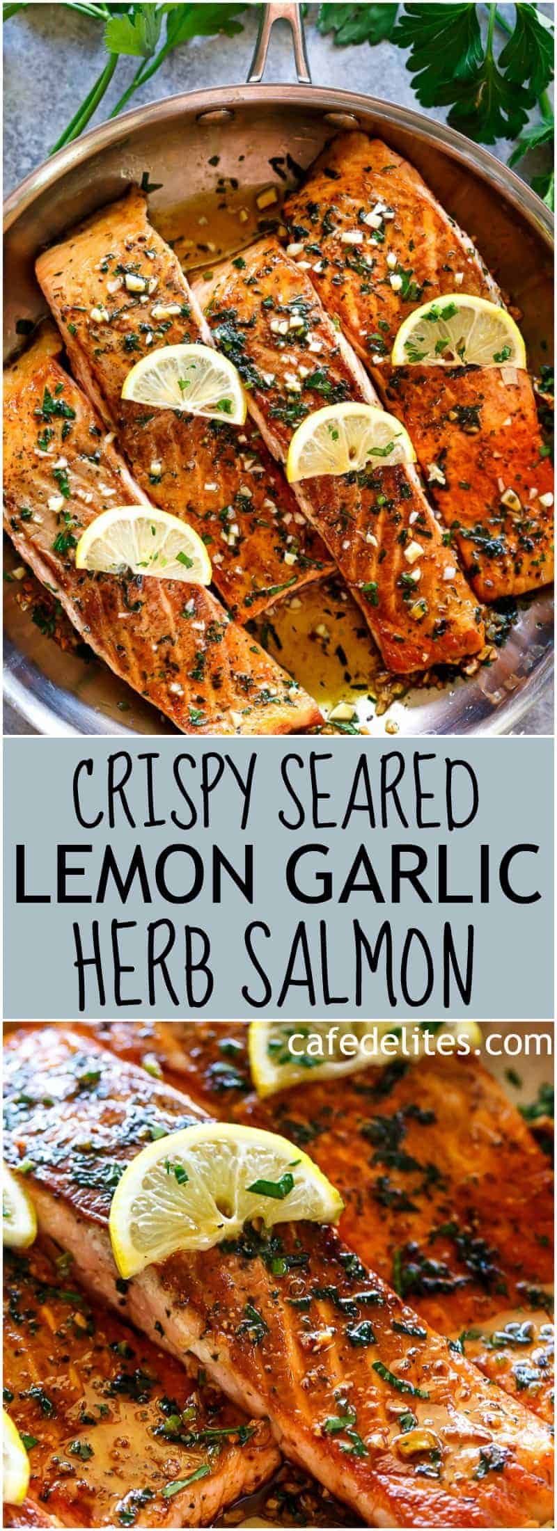 PIN image of Pan Seared Salmon with Lemon Garlic Butter Sauce 