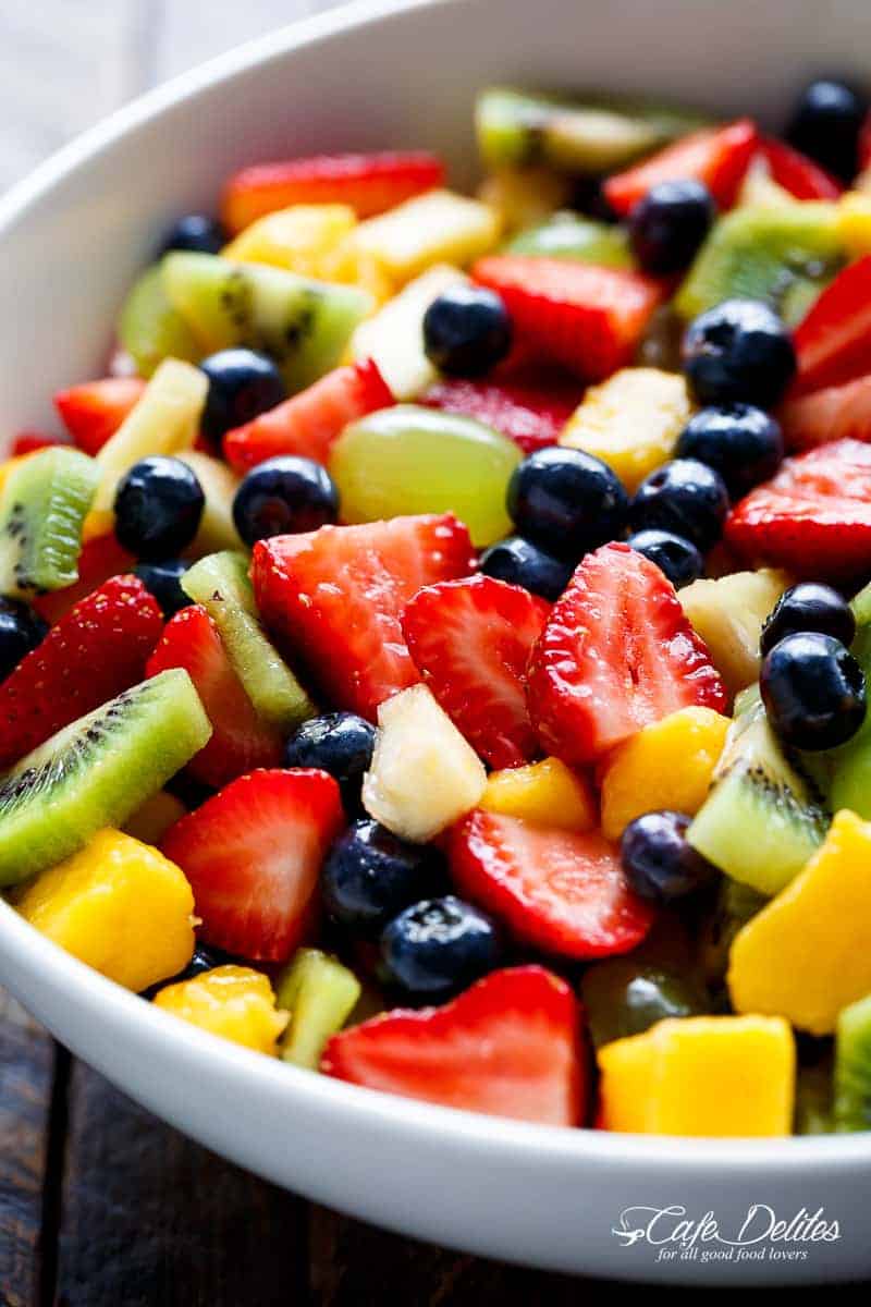Side view image of Honey Lime Fruit Salad in a bowl