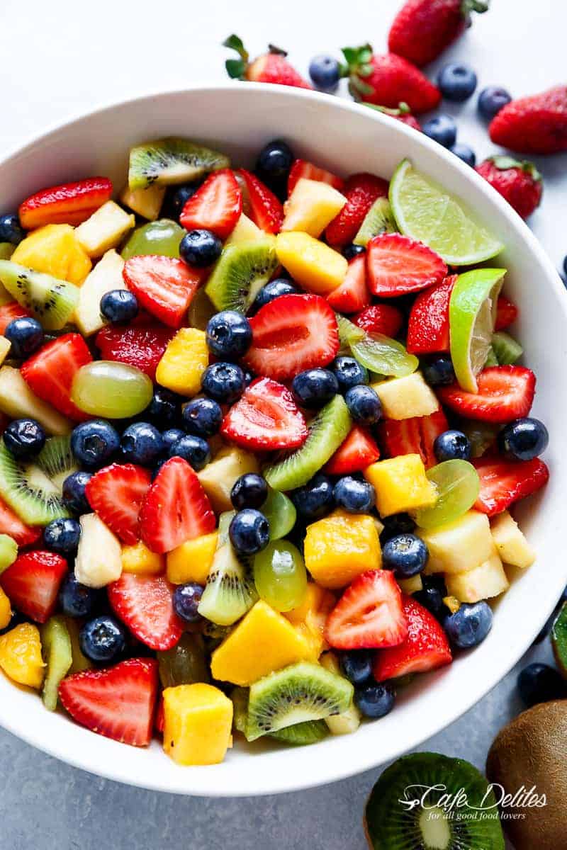 Top view of Honey Lime Fruit Salad in a bowl