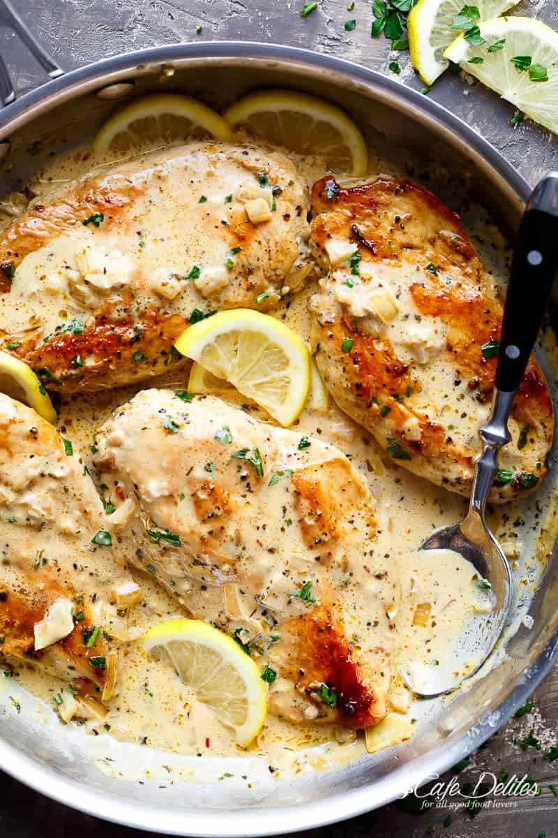 Lemon Chicken Scallopini with Lemon Garlic Cream Sauce in a pan