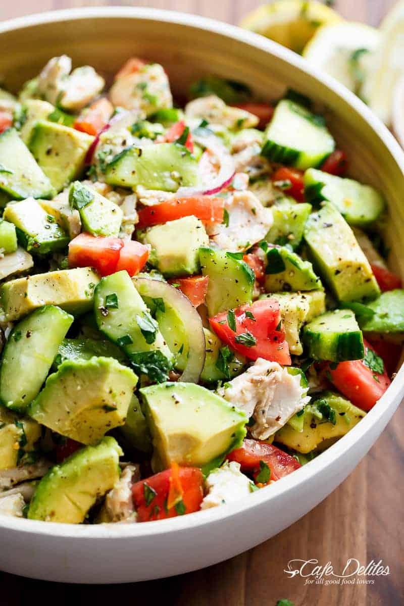 Side view zoom in image of Quick And Simple Chicken Cucumber Avocado Salad in a bowl