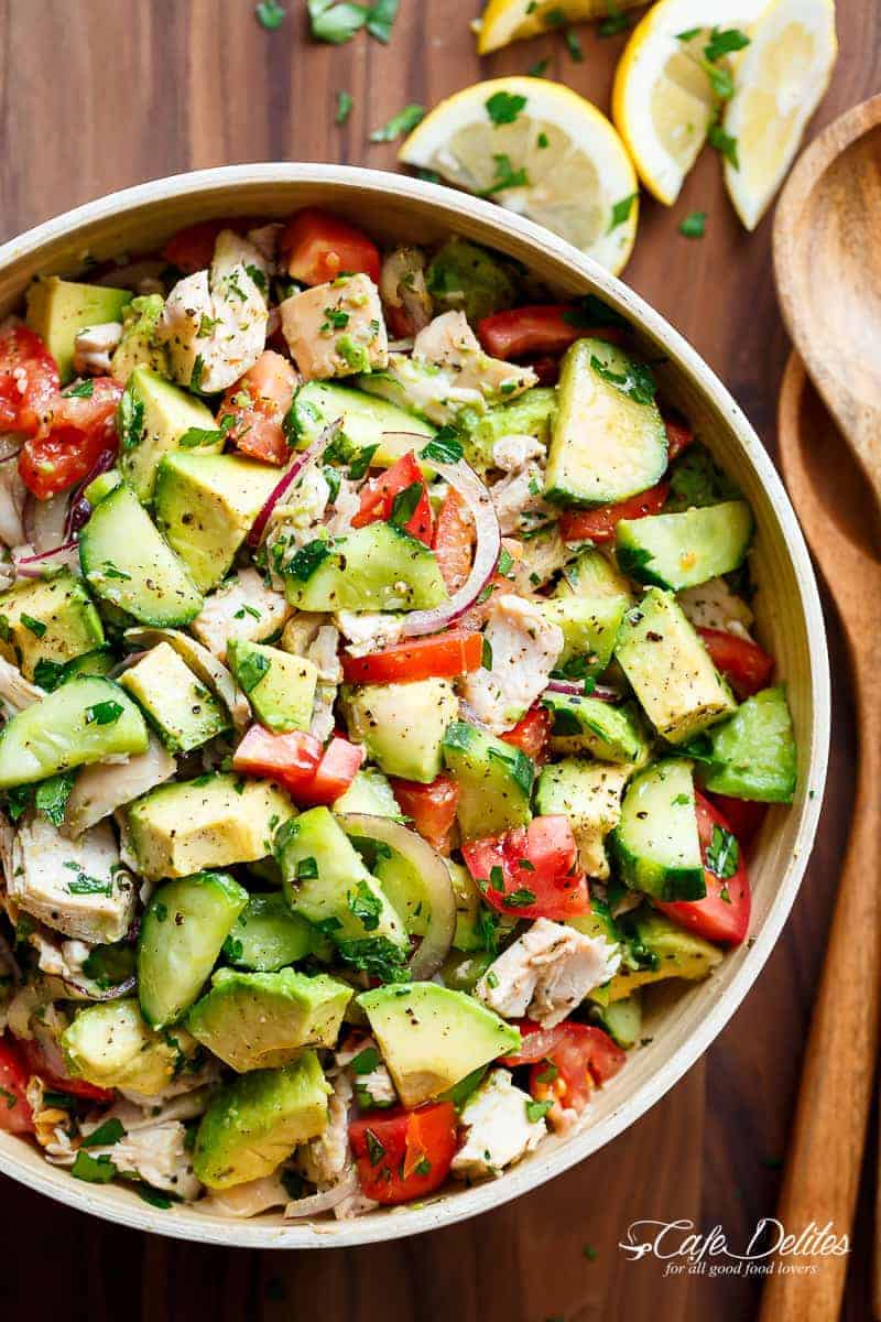 Quick And Simple Chicken Cucumber Avocado Salad in a bowl