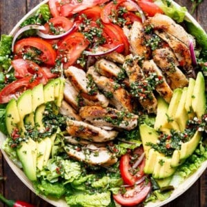 Grilled Chimichurri Chicken Avocado Salad in a bowl
