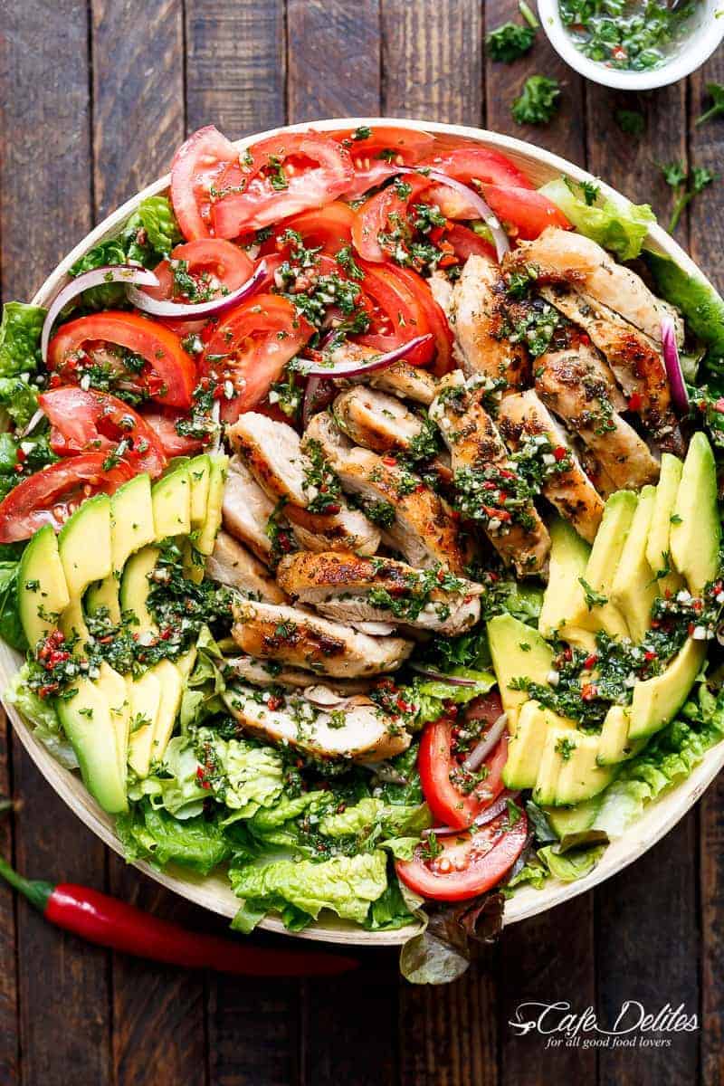 Grilled Chimichurri Chicken Avocado Salad in a bowl
