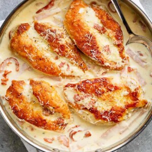 Creamy Parmesan Carbonara Chicken is Crispy, golden chicken fillets in a carbonara inspired sauce.