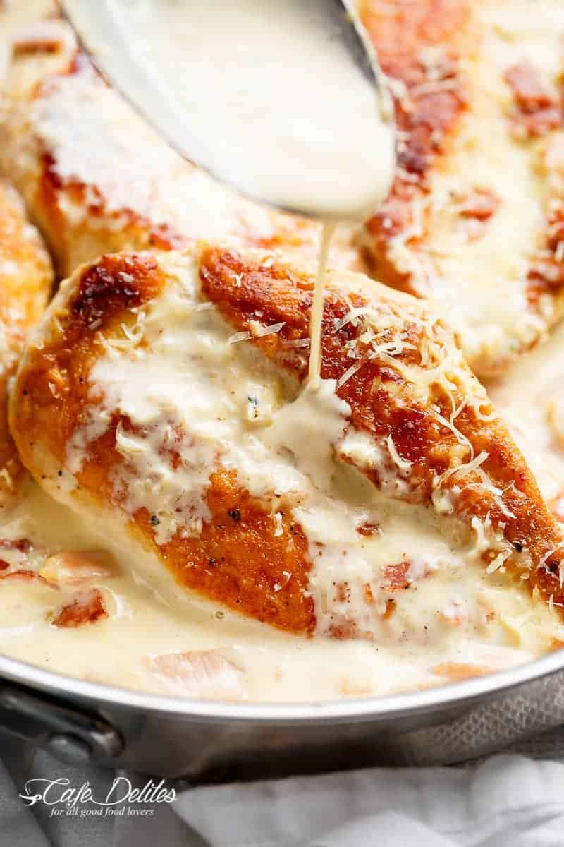 Creamy Parmesan Carbonara Chicken is the ultimate twist! Crispy, golden chicken fillets in a carbonara inspired sauce for a new favorite chicken
