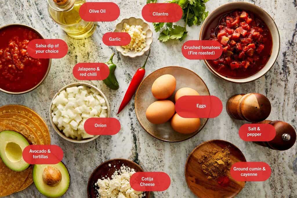 a top down view of all the ingredients needed to make huevos rancheros in individual bowls and plates.