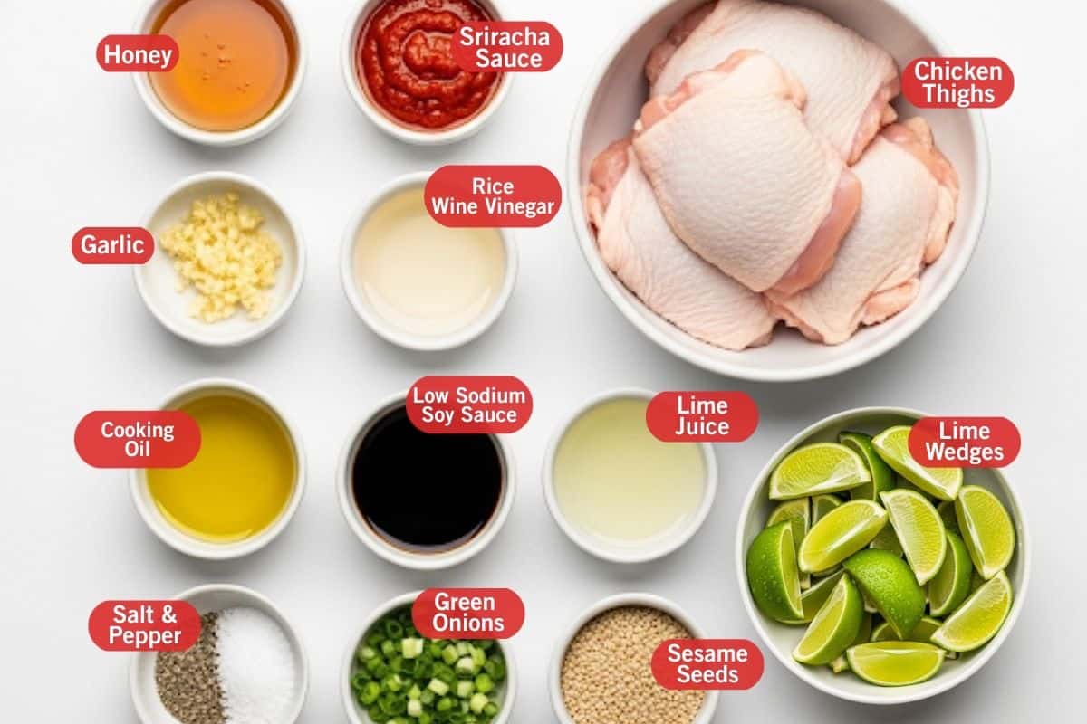 Flay lay of ingredient photo of honey, sriracha sauce, chicken thighs, garlic, rice wine vinegar, cooking oil, low sodium soy sauce, lime juice, lime wedges, salt and pepper, green onions, sesame seeds