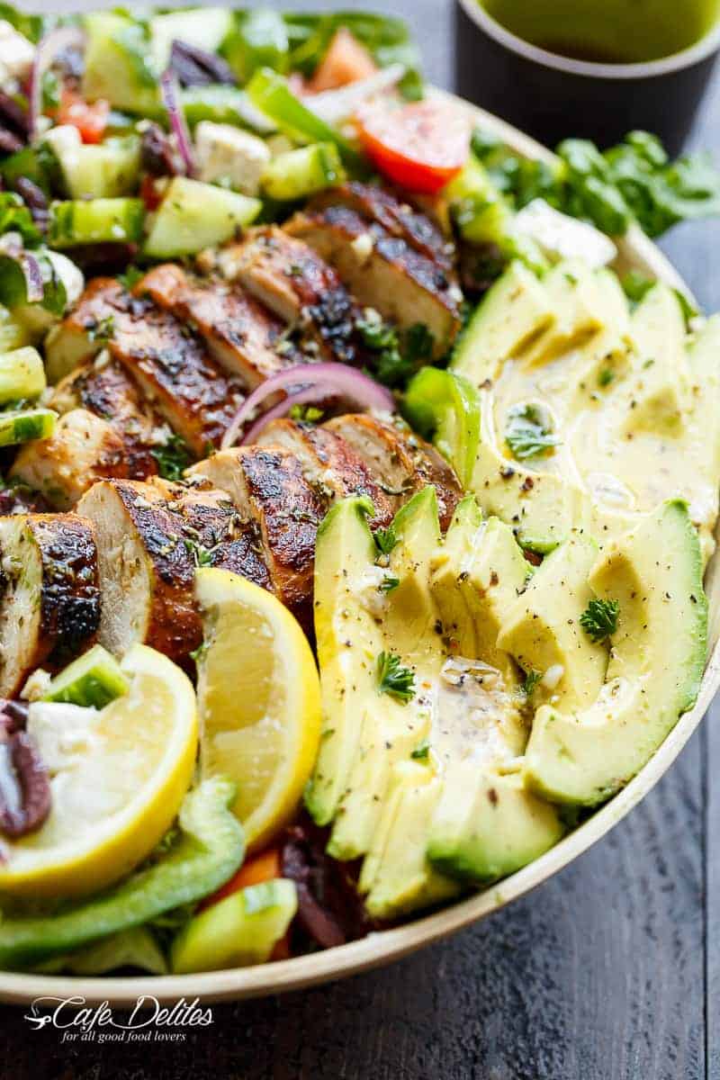 Side view of Loaded Greek Chicken Avocado Salad