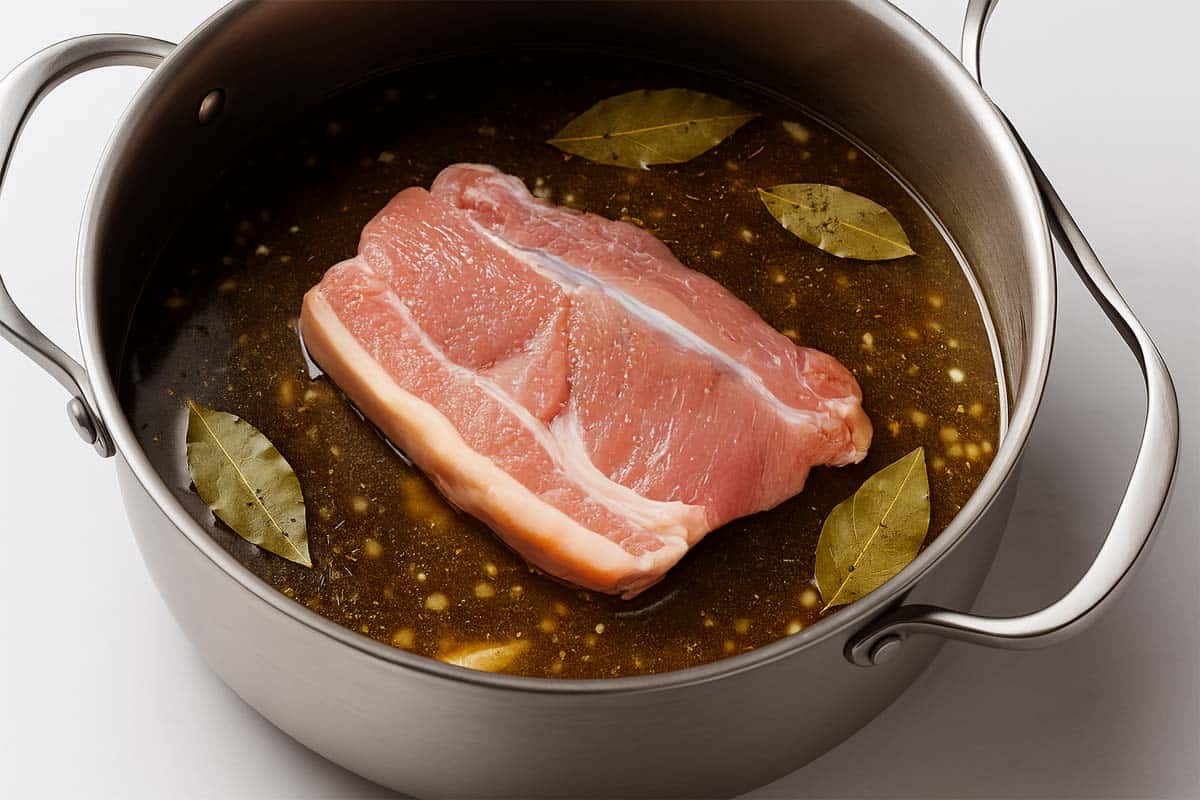 Boneless pork butt sitting in a slow cooker filled with a dark marinade made from spices, lime and orange juice, Coke, and bay leaves.