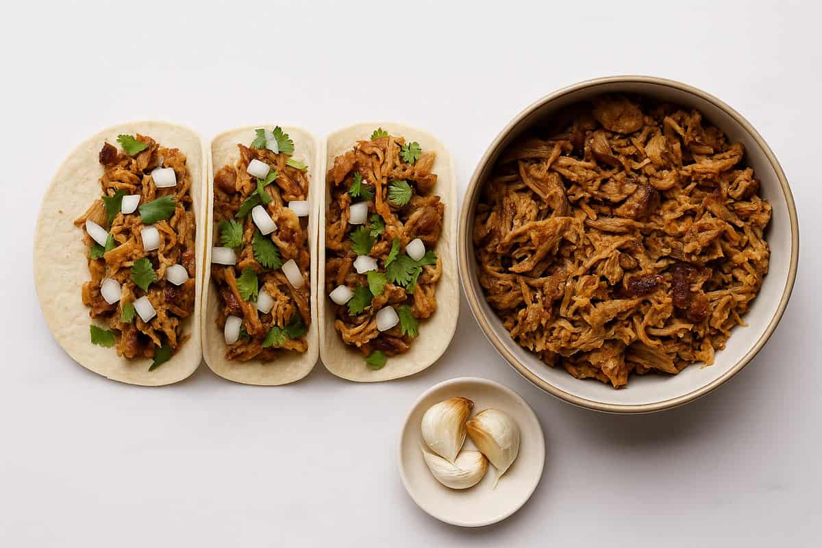 Three tacos filled with crispy pork carnitas and topped with onion and cilantro, next to a bowl of extra carnitas and a side of roasted garlic.