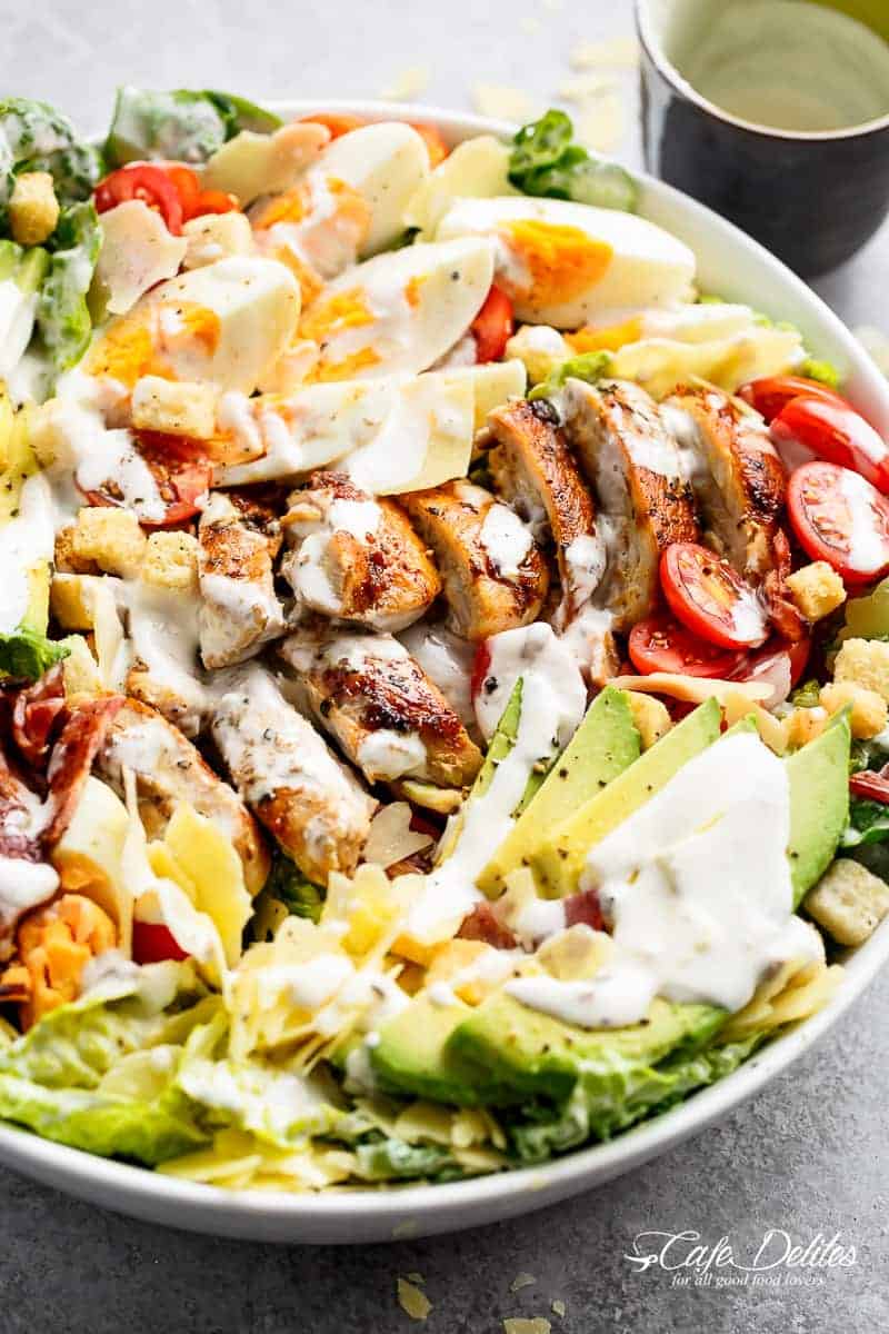 Grilled Chicken Cobb Caesar Salad in a bowl