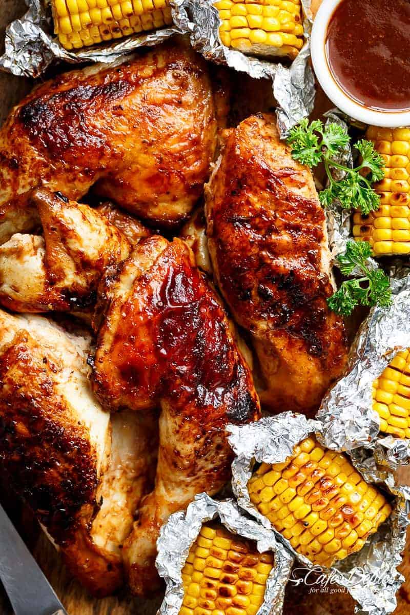 Portuguese BBQ Peri Peri Chicken plus the addition of juicy corn cobs in foil packets are charred for added flavour.