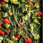 Top view of Sheet Pan Garlic Parmesan Roasted Broccoli & Green Beans on a pan
