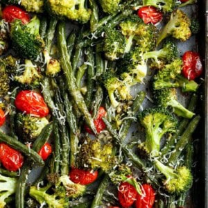 Top view of Sheet Pan Garlic Parmesan Roasted Broccoli & Green Beans on a pan