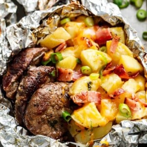 Top view of Steak & Cheesy Bacon Potato Hash Foil Packs