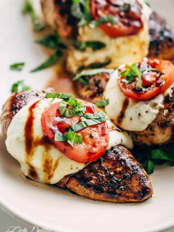 Grilled Chicken Caprese pieces, with soft, creamy Buffalo Mozzarella slices