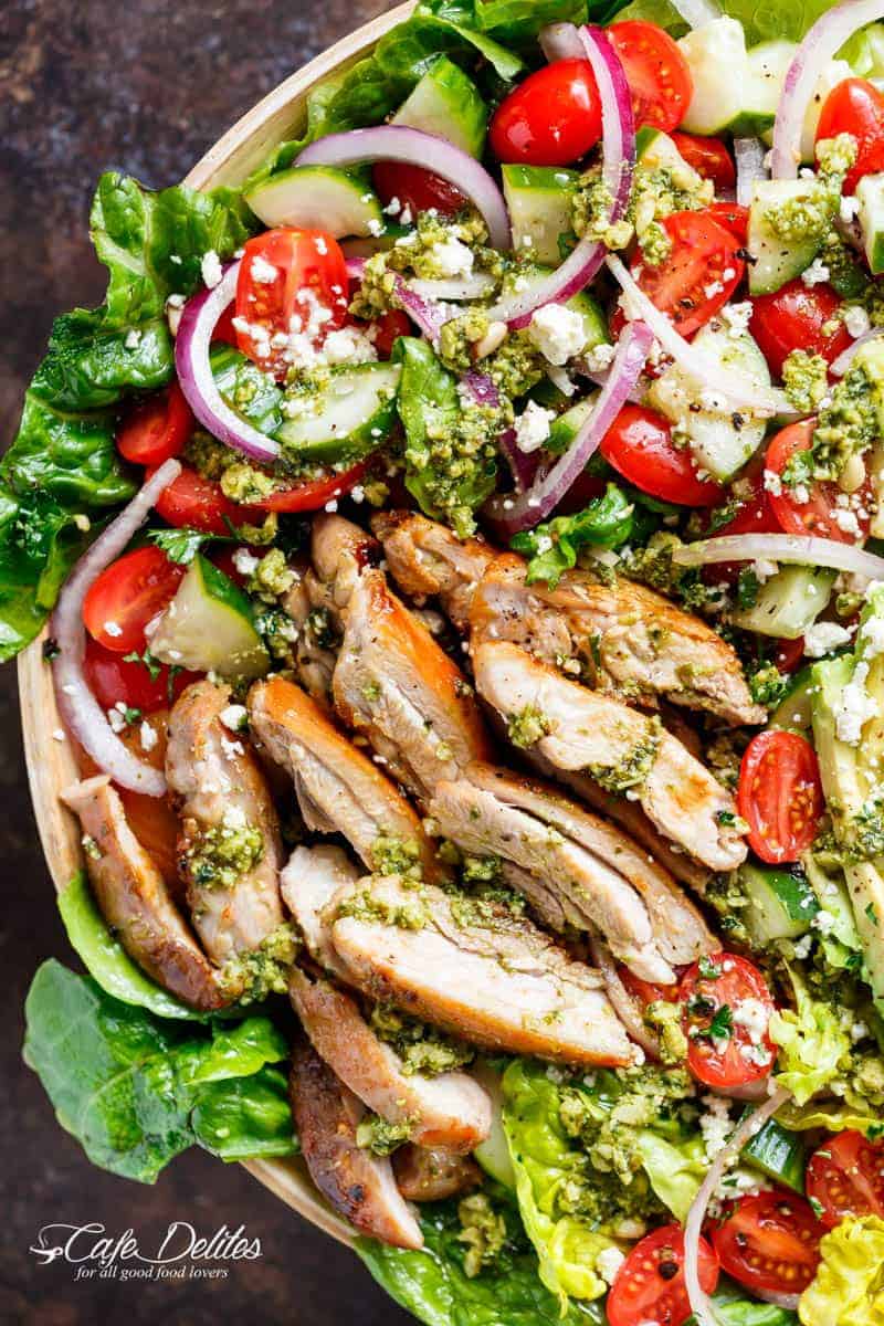 Zoom in Chicken image of Pesto Grilled Chicken Avocado Salad using a pesto dressing to double as a marinade!