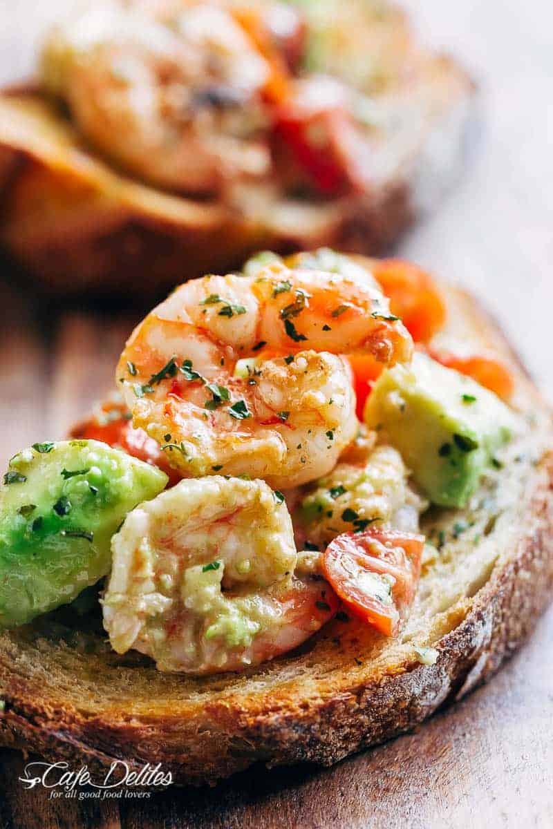 Shrimp Avocado Garlic Mixture on avocado garlic bread