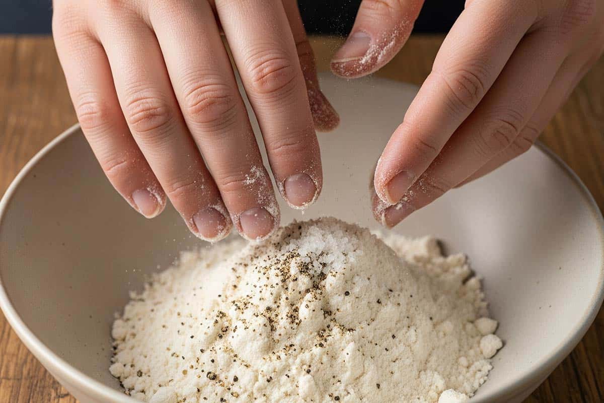 Mixing flour with salt and pepper in a shallow bowl using hands.