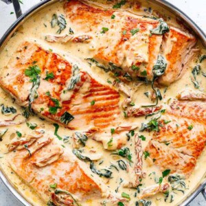 Creamy Garlic Butter Tuscan Salmon in a pot