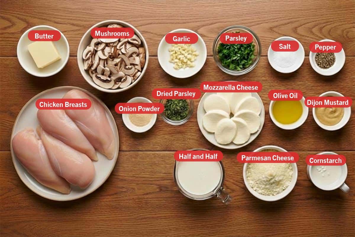 Top shot of ingredients: butter, mushrooms, garlic, parsley, salt, pepper, chicken breasts, onion powder, dried parsley, mozzarella cheese, olive oil, Dijon mustard, half and half, parmesan cheese, and cornstarch.