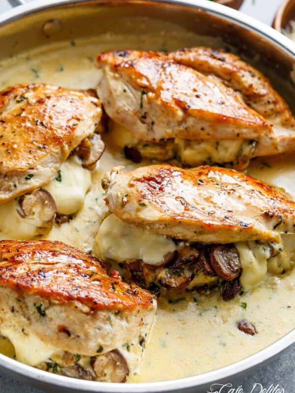 Cheesy Garlic Butter Mushroom Stuffed Chicken WITH an optional Creamy Garlic Parmesan Sauce