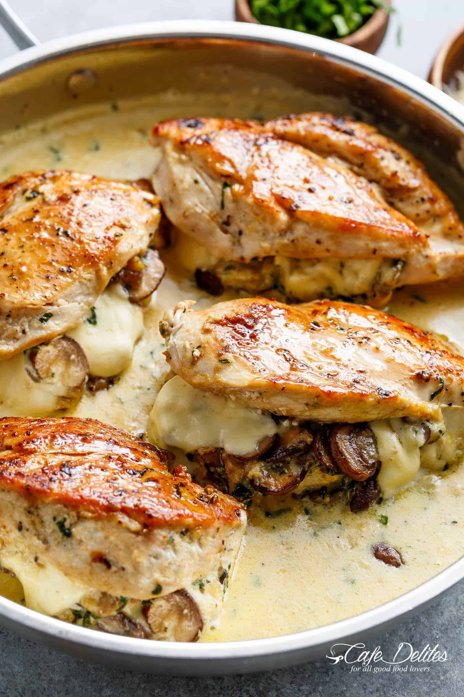 Cheesy Garlic Butter Mushroom Stuffed Chicken WITH an optional Creamy Garlic Parmesan Sauce