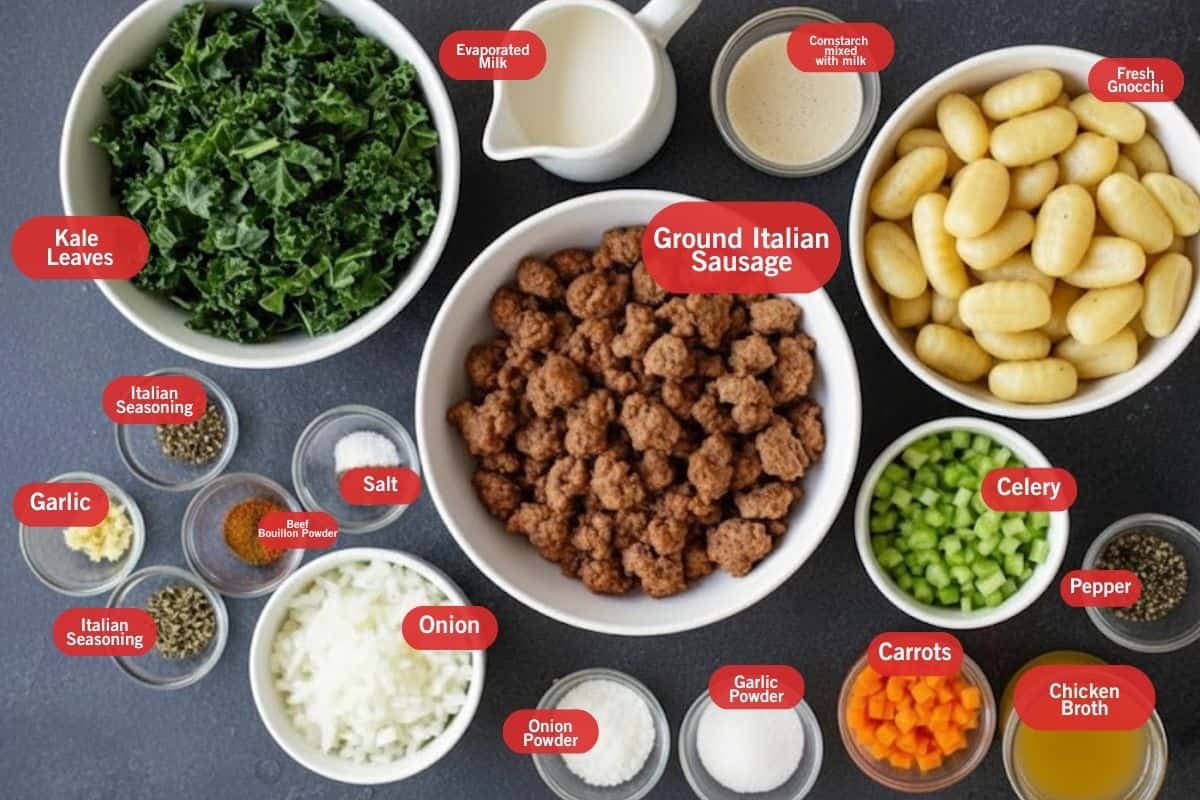 Flat lay photo of ingredient shot of kale leaves, evaporated milk, cornstarch mixed ewith milk. fresh gnocchi, celery, pepper, chicken broth, carrots, garlic powder, onion powder, onion, salt, beef bouillon powder, Italian seasoning, garlic