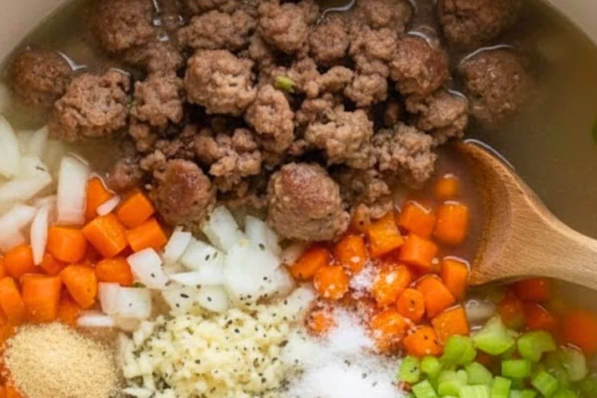 Combine the browned sausage, onion, carrots, celery, garlic, chicken broth, Italian seasoning, Vegeta or bouillon, onion powder, garlic powder, salt, and pepper in your slow cooker.
