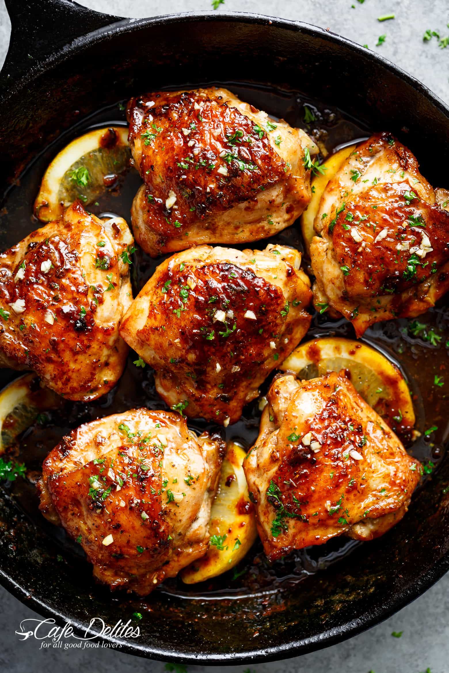 Chicken thighs OR breasts cooked in browned butter infused with honey, garlic and lemon juice.