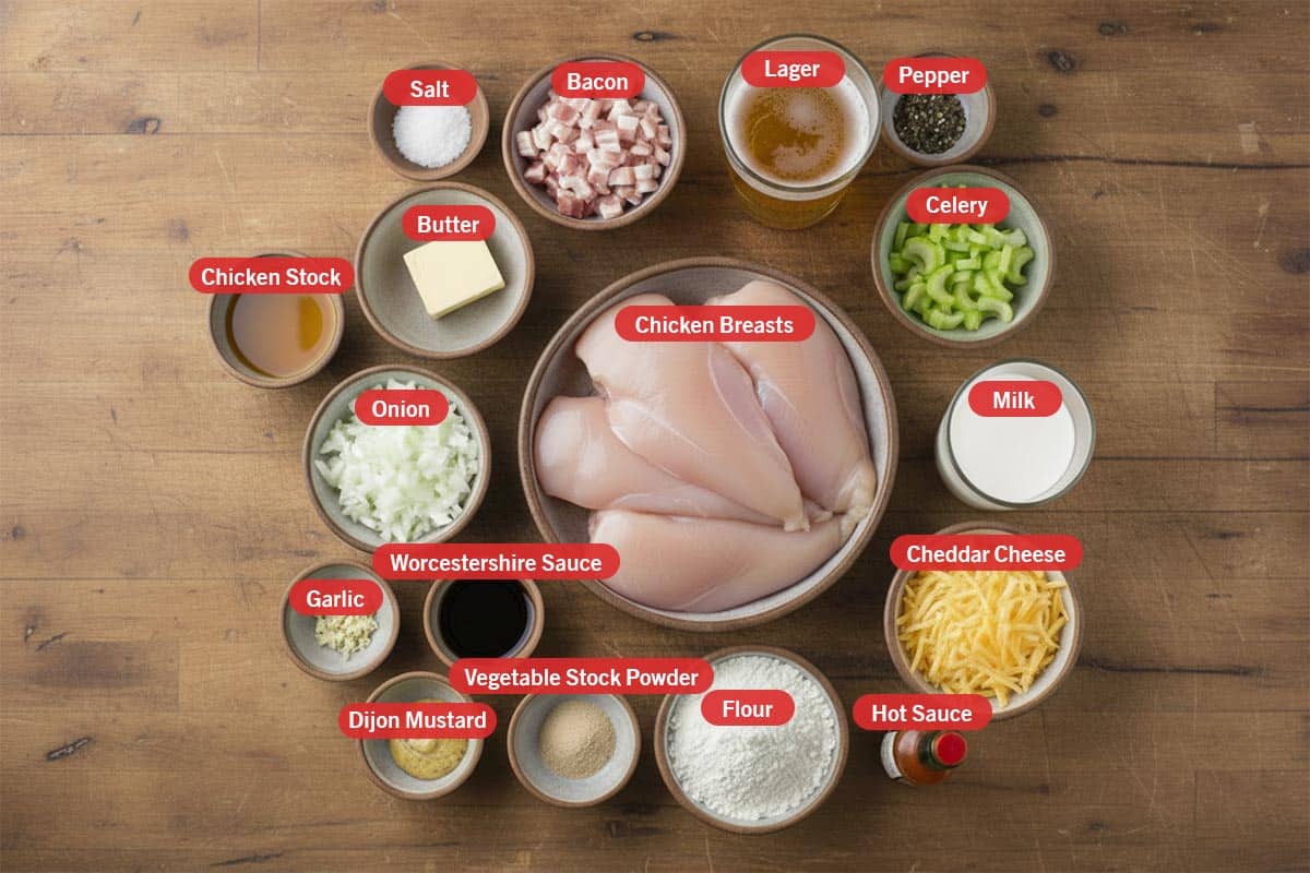 Top shot of ingredients: salt, bacon, lager, pepper, celery, milk, cheddar cheese, hot sauce, flour, vegetable stock powder, dijon mustard, garlic, worcestershire sauce, onion, chicken stock, butter, and chicken breast.