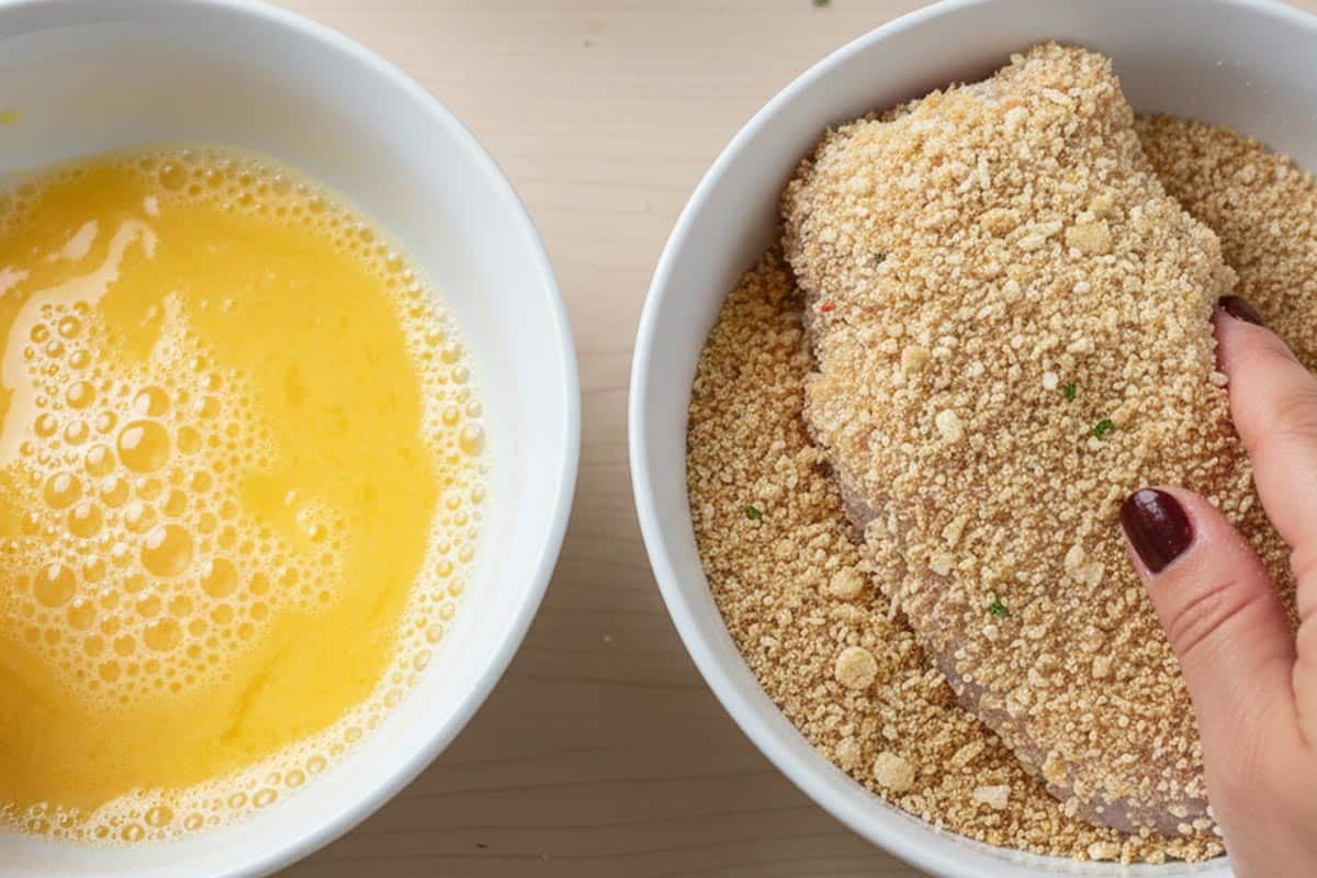 Coating the chicken with breadcrumbs.