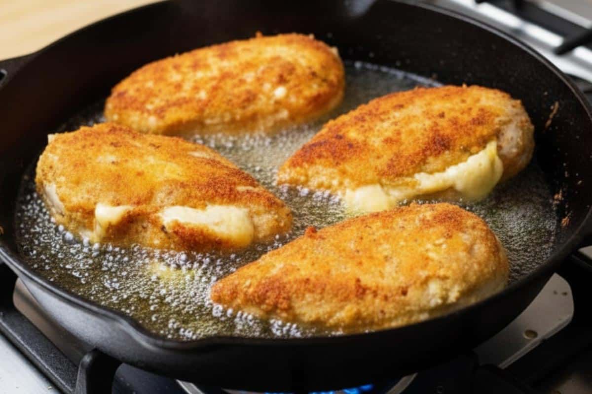 Frying the chicken in the pan.