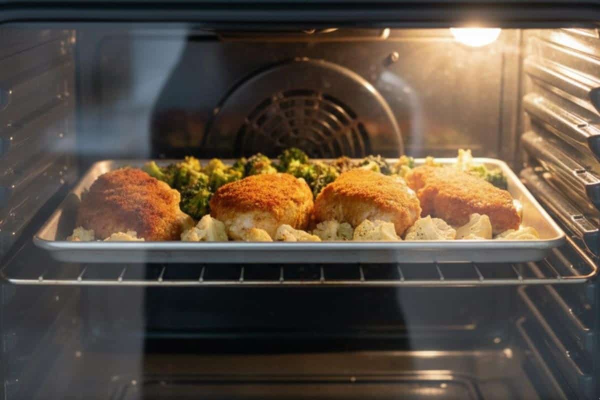 Baking the tray with chicken and veggies in the oven.