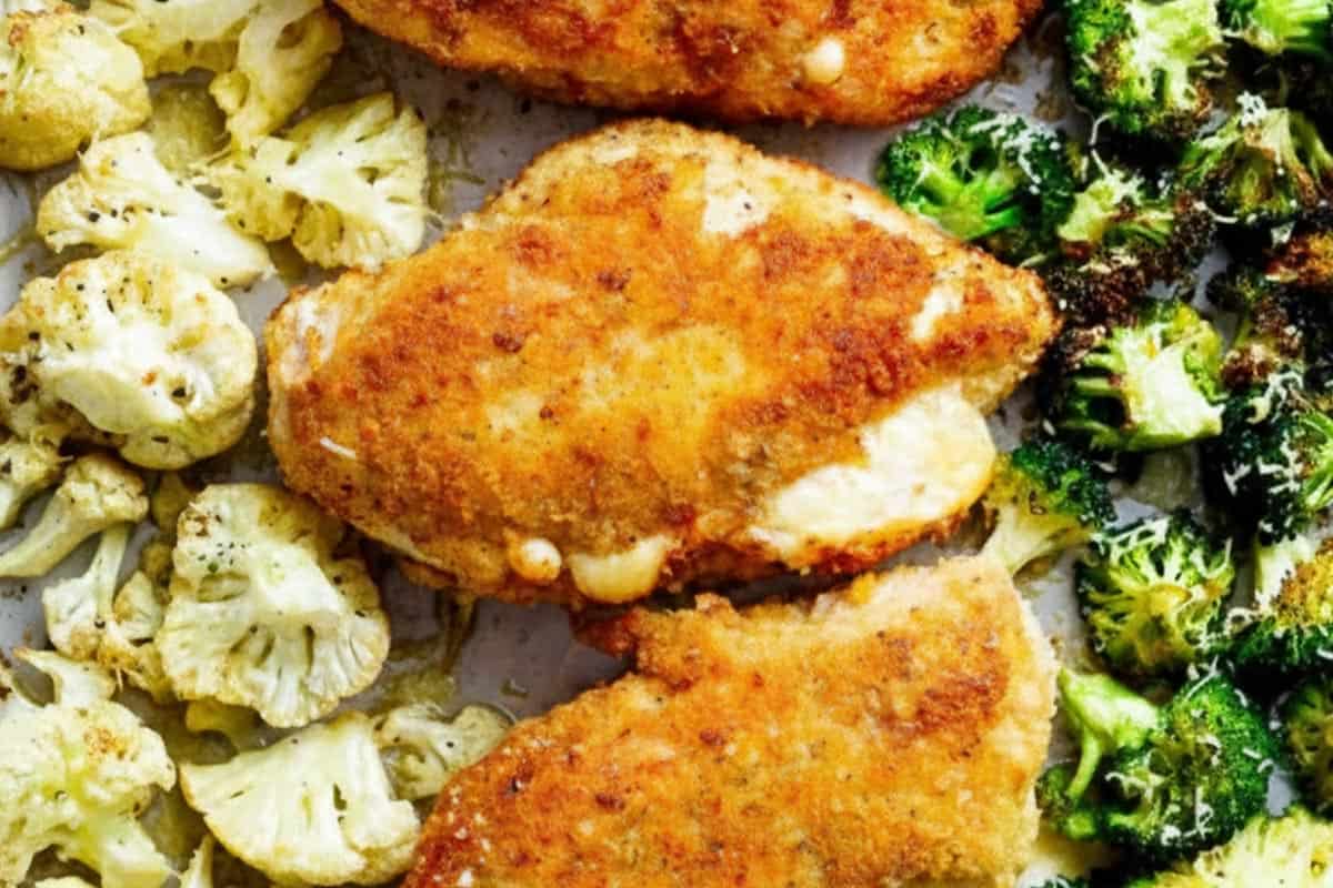 Close-up shot of Sheet Pan Chicken Cordon Bleu.
