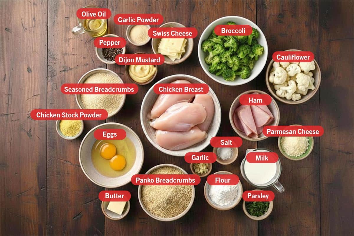 Top shot of ingredients: olive oil, garlic powder, pepper, dijon mustard, swiss cheese, broccoli, cauliflower, seasoned breadcrumbs, chicken stock powder, eggs, chicken breast, ham, garlic, salt, milk, parmesan cheese, butter, panko breadcrumbs, flour, and parsley.