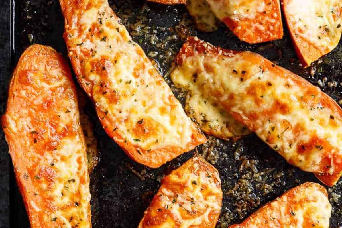 Close-up shot of Cheesy Sweet Potatoes.