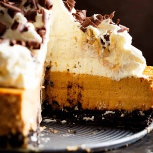 Chocolate Pumpkin Cheesecake is a fluffy, creamy pumpkin cheesecake perfect for Thanksgiving