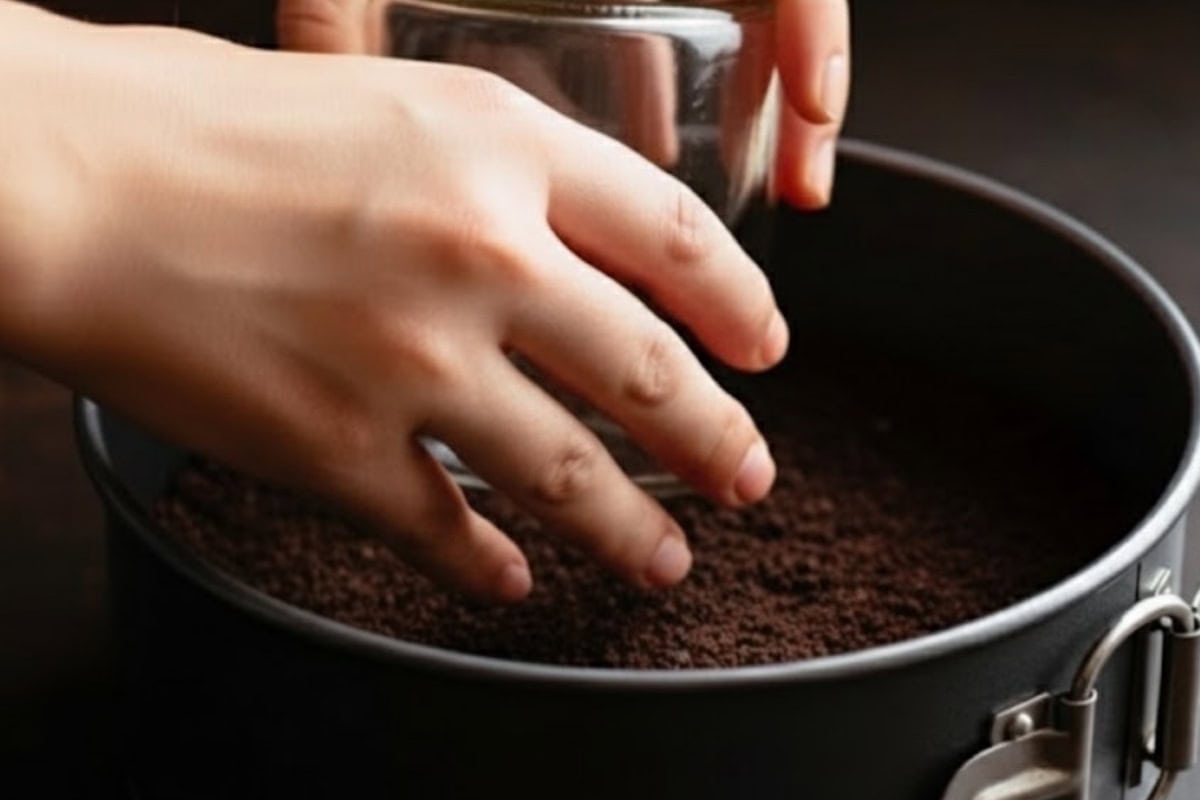 Firmly press the crumb mixture into the base of the pan using a glass jar or your fingertips.