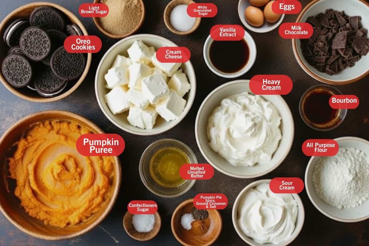 Flat lay photo of ingredient sho of Oreo cookies, light brown sugar, white granulated sugar, eggs, milk chocolate, bourbon, all purpose flour, sour cream, heavy cream, pumpkin pie spice, confectioners sugar, pumpkin puree, cream cheese, melted butter, vanilla extract ground cinnamon and salt