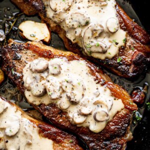 Top view image of Pan Seared Garlic Butter Steak & Mushroom Cream Sauce