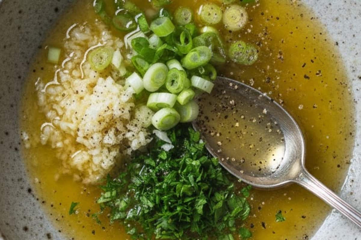 In a bowl, combine the butter, garlic, green onions, and 1 tablespoon of parsley. Season with salt and pepper.