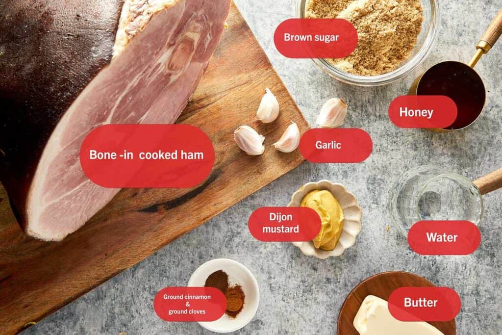 the ingredients needed to make honey glazed ham