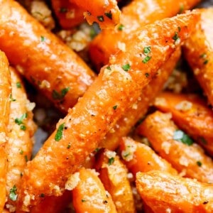 Top view of Garlic Parmesan Roasted Carrots