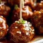 zoom in image of Teriyaki Beef Meatballs picked with toothpick