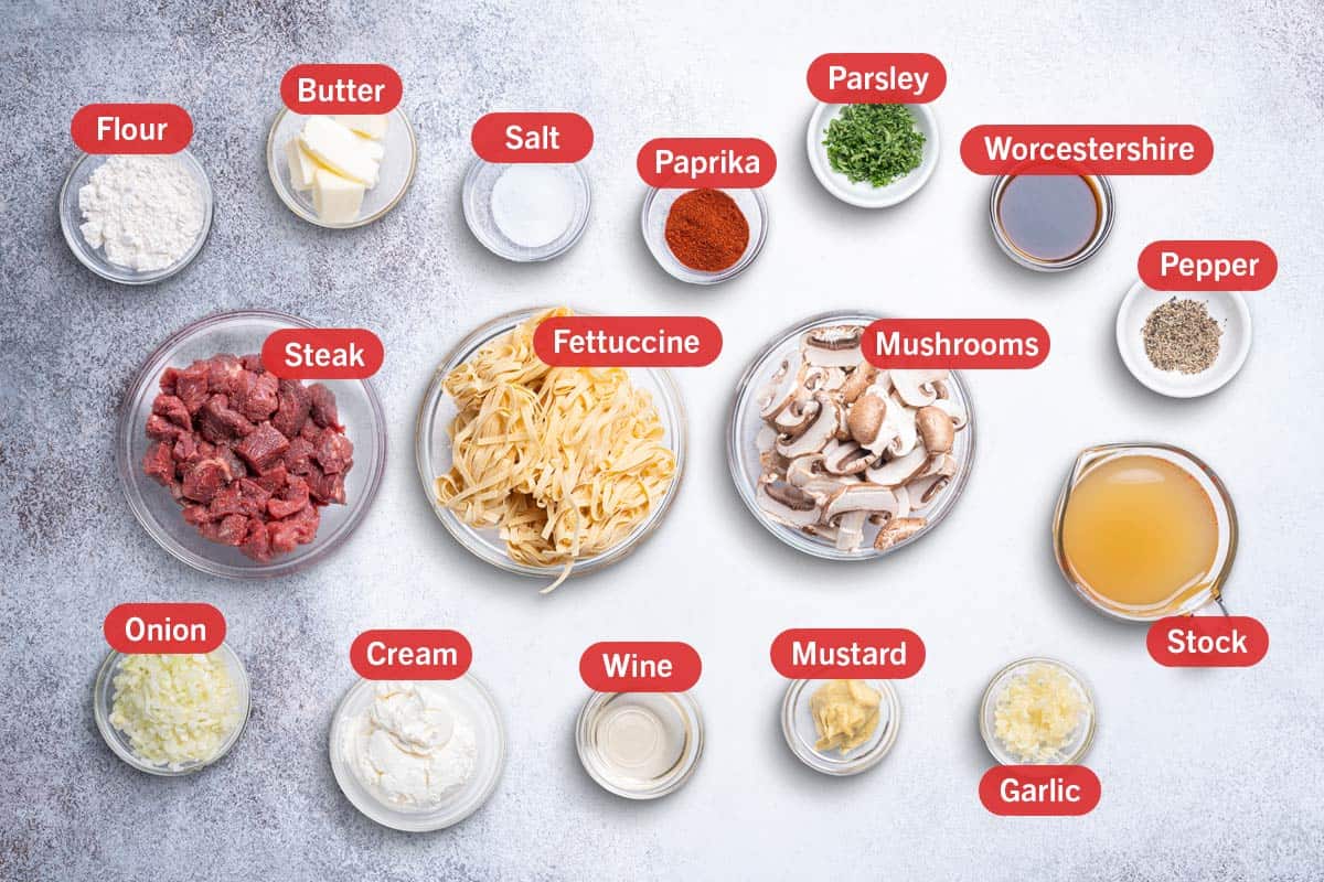 Image of the ingredients required for the preparation of this recipe, specifically: flour, butter, salt, paprika, parsley, worcestershire, steak, fettuccine, mushrooms, stock, onion, cream, wine, mustard, and garlic.