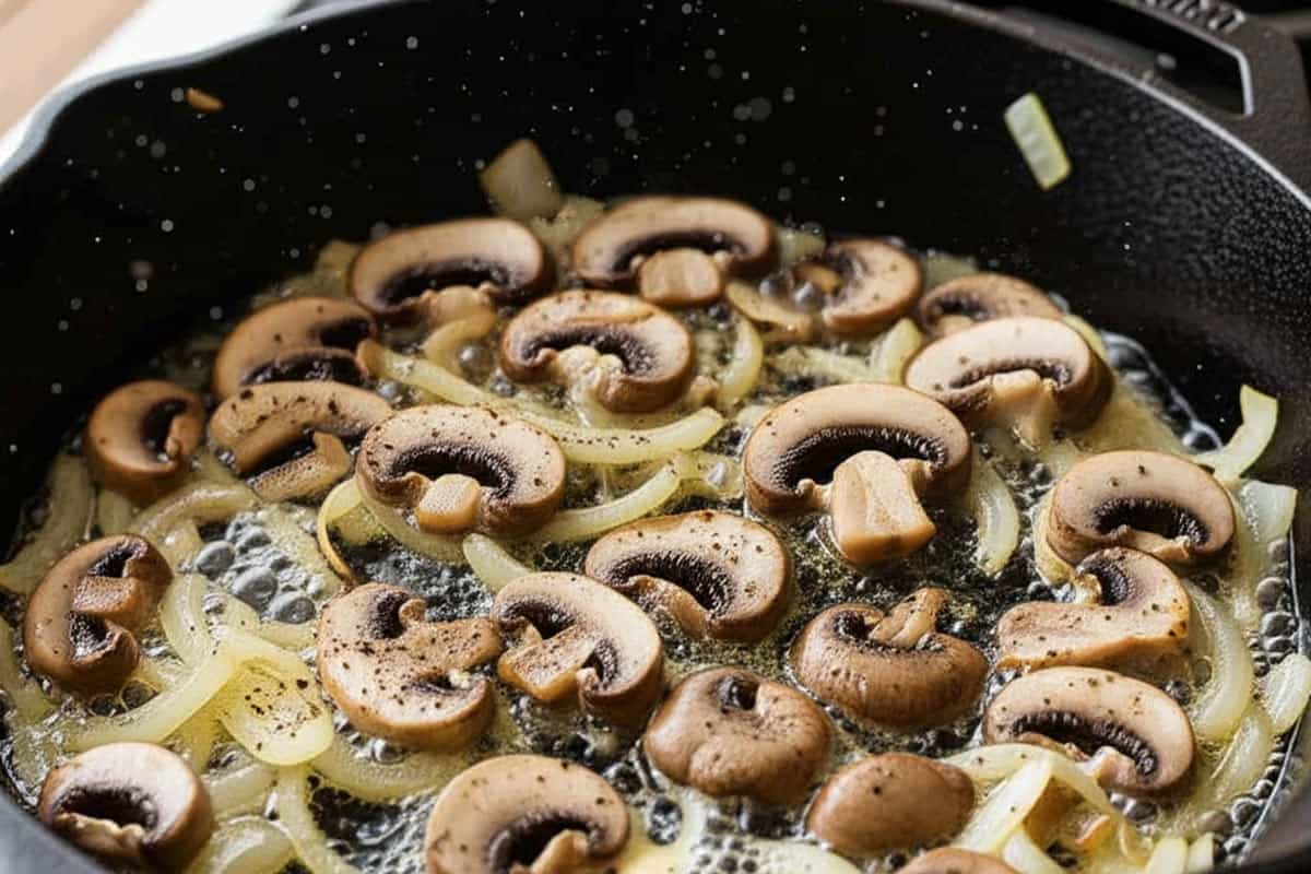 Onions and mushrooms with butter in a skillet.